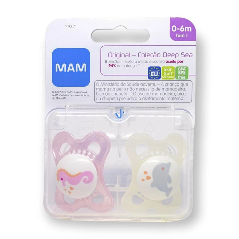 Kit Chupeta Mam Original Deep Sea 0-6 Meses 2 Unidades Cavalo Marinho e Baleia - Mam