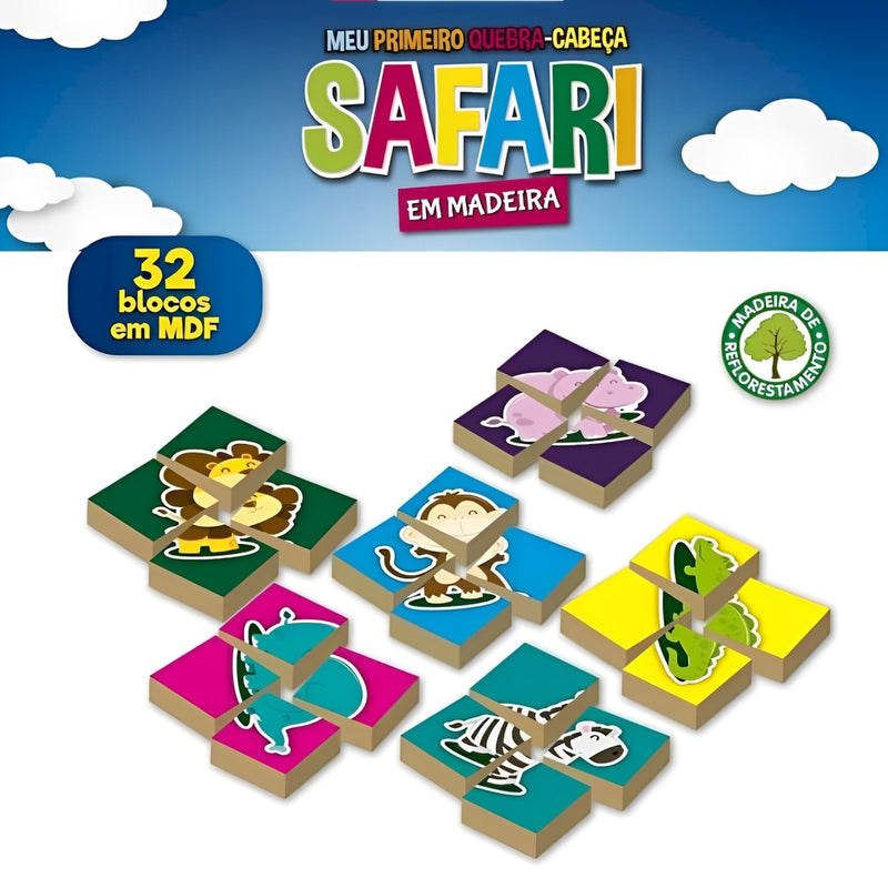 Brinquedo Didático Quebra Cabeça Safari em Madeira - Pais e Filhos